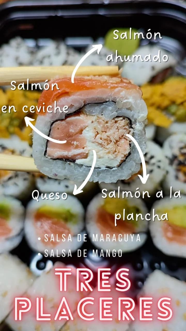 Roll 3 Placeres cortado, con sus ingredientes a la vista