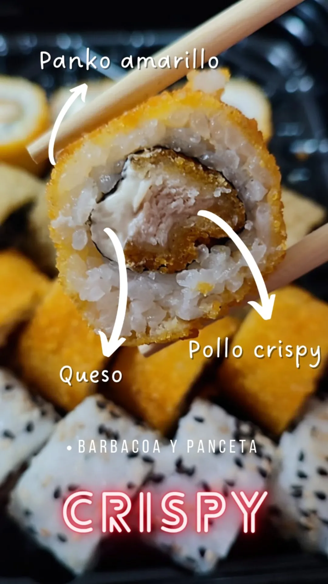 Roll Crispy cortado, con sus ingredientes a la vista