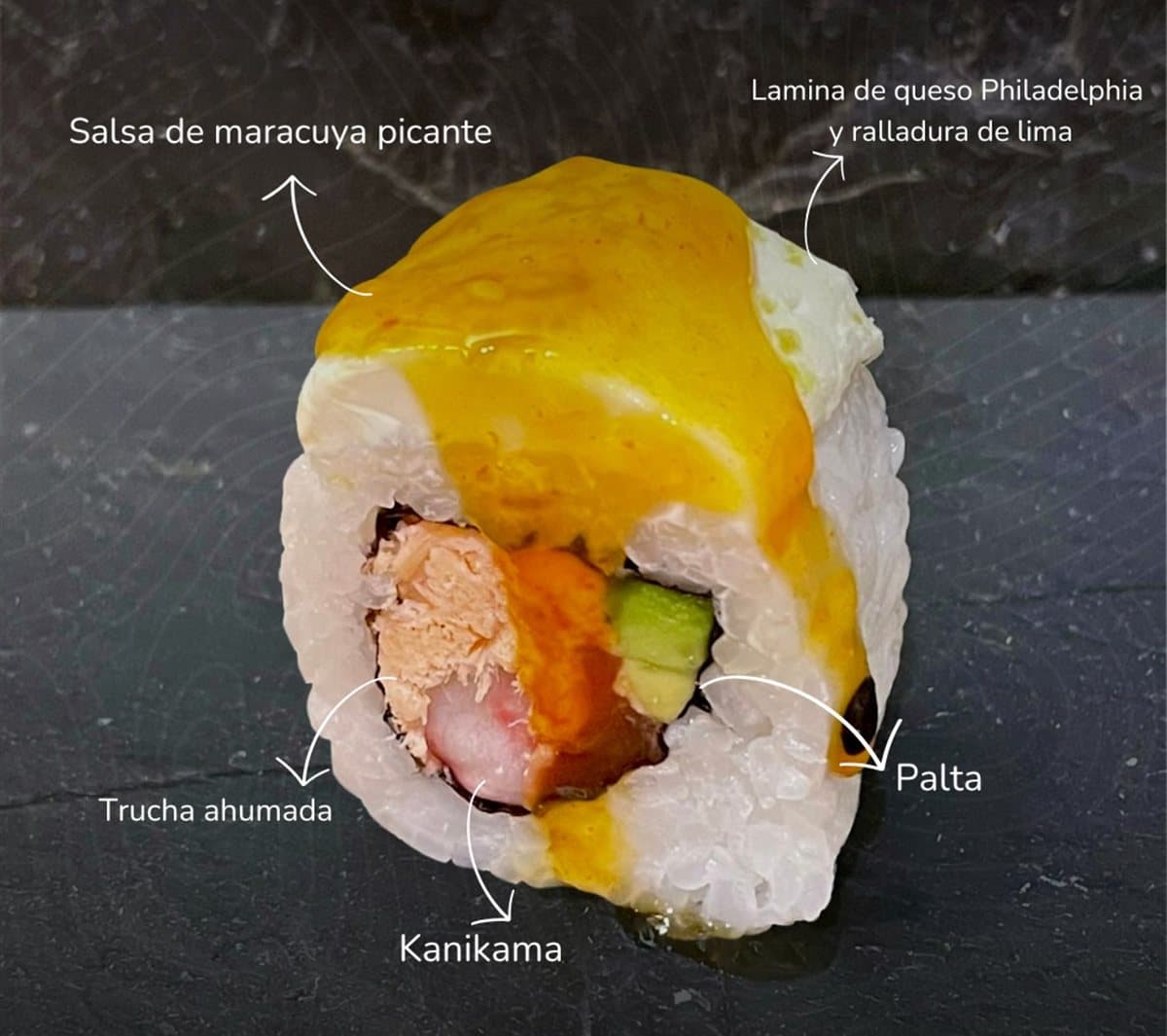 Roll Finlandia cortado, con sus ingredientes a la vista