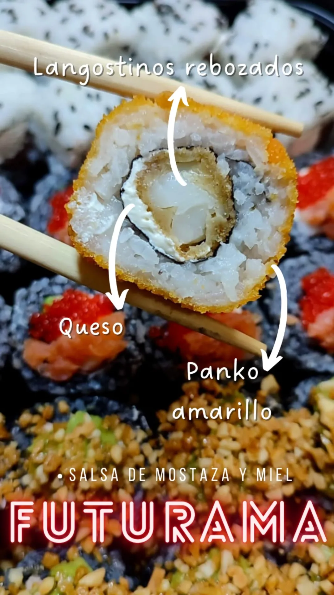 Roll Futurama cortado, con sus ingredientes a la vista