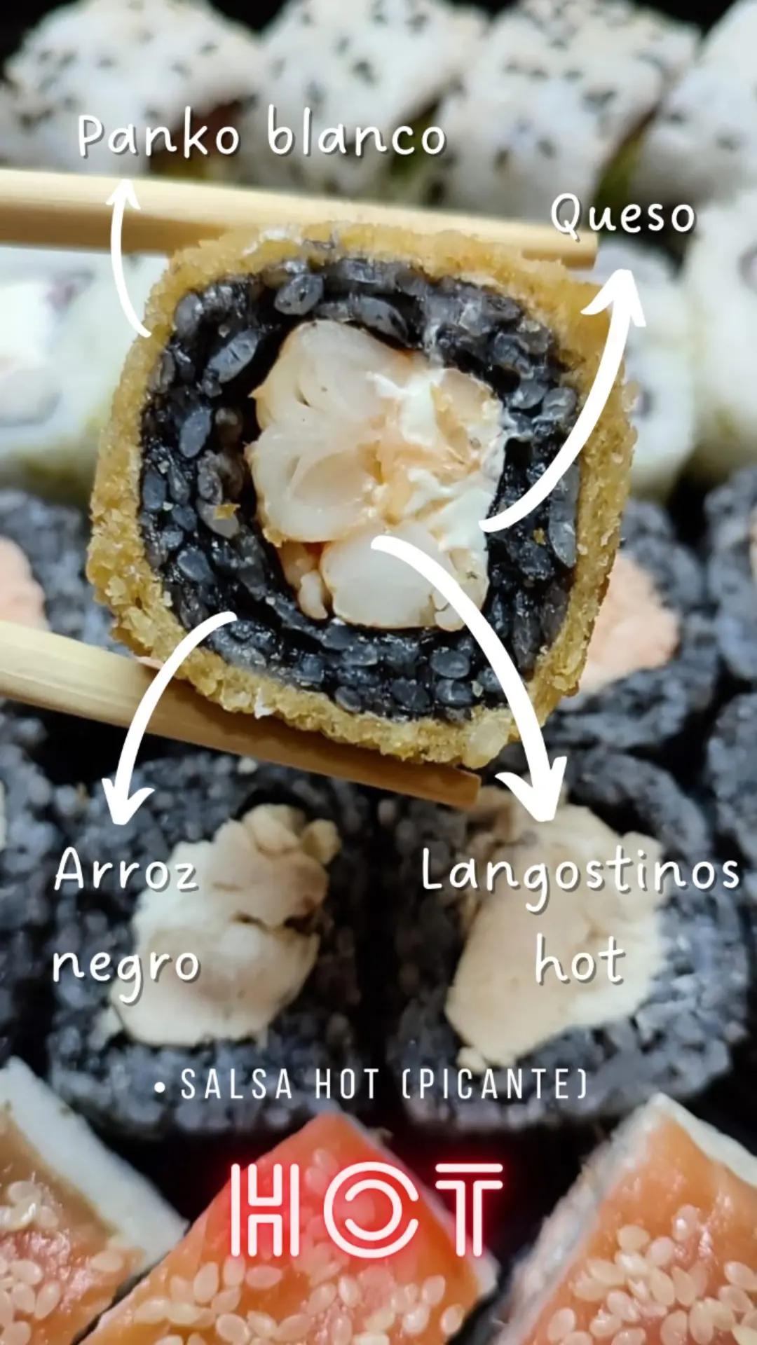 Roll Hot cortado, con sus ingredientes a la vista