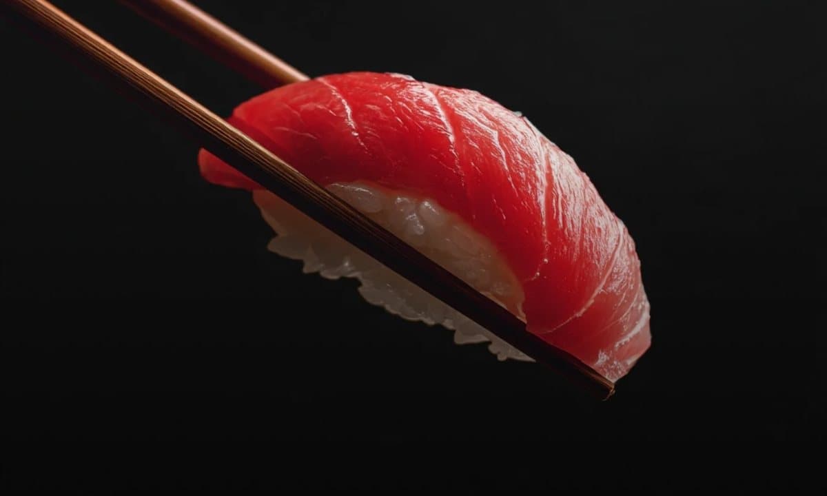 Nigiri de atún sostenido con palitos