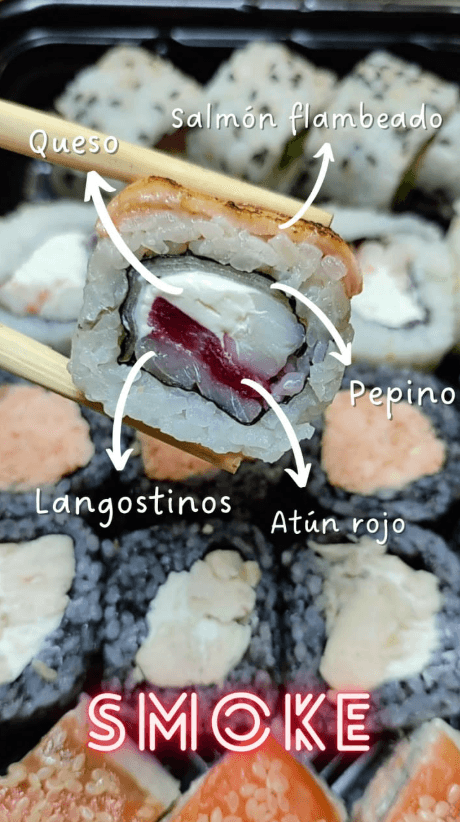 Roll Smoke cortado, con sus ingredientes a la vista